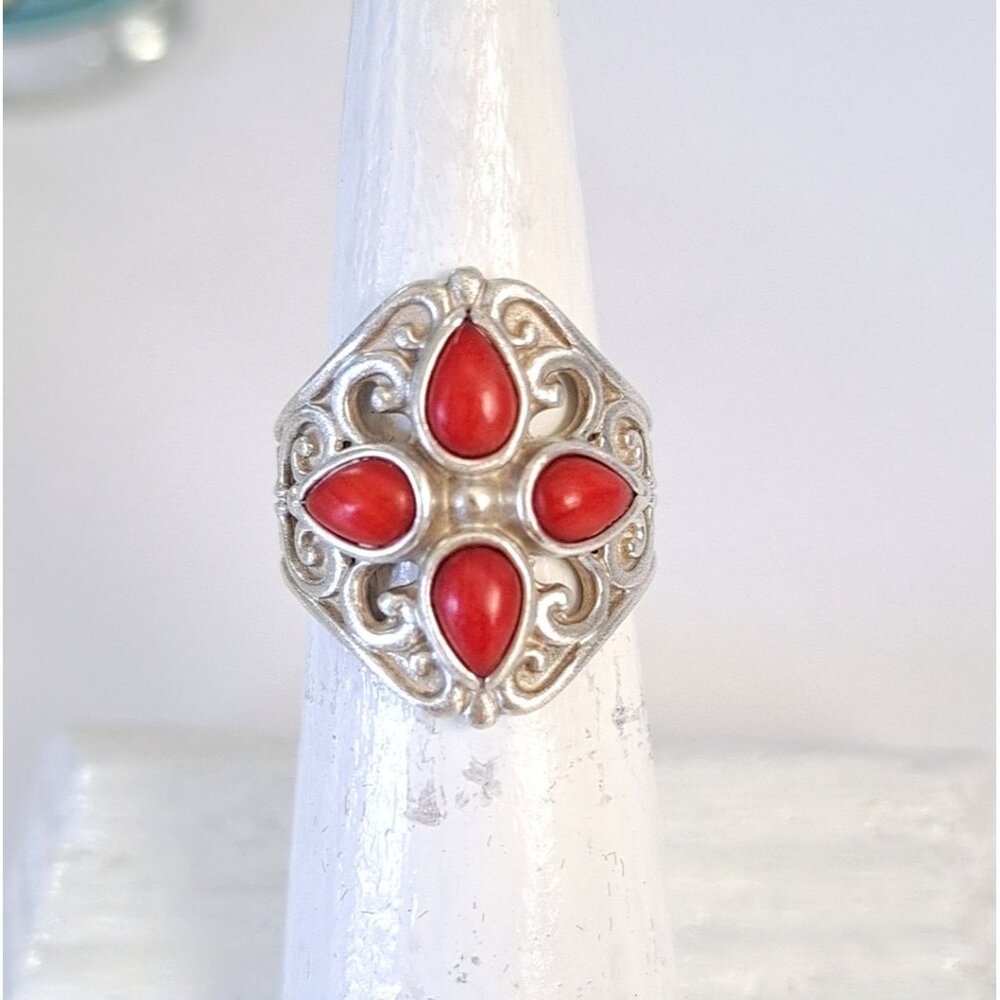 Vintage Coral Cluster Southwestern Filigree Sterling Ring by Artist Carolyn Poll - Picture 11 of 15
